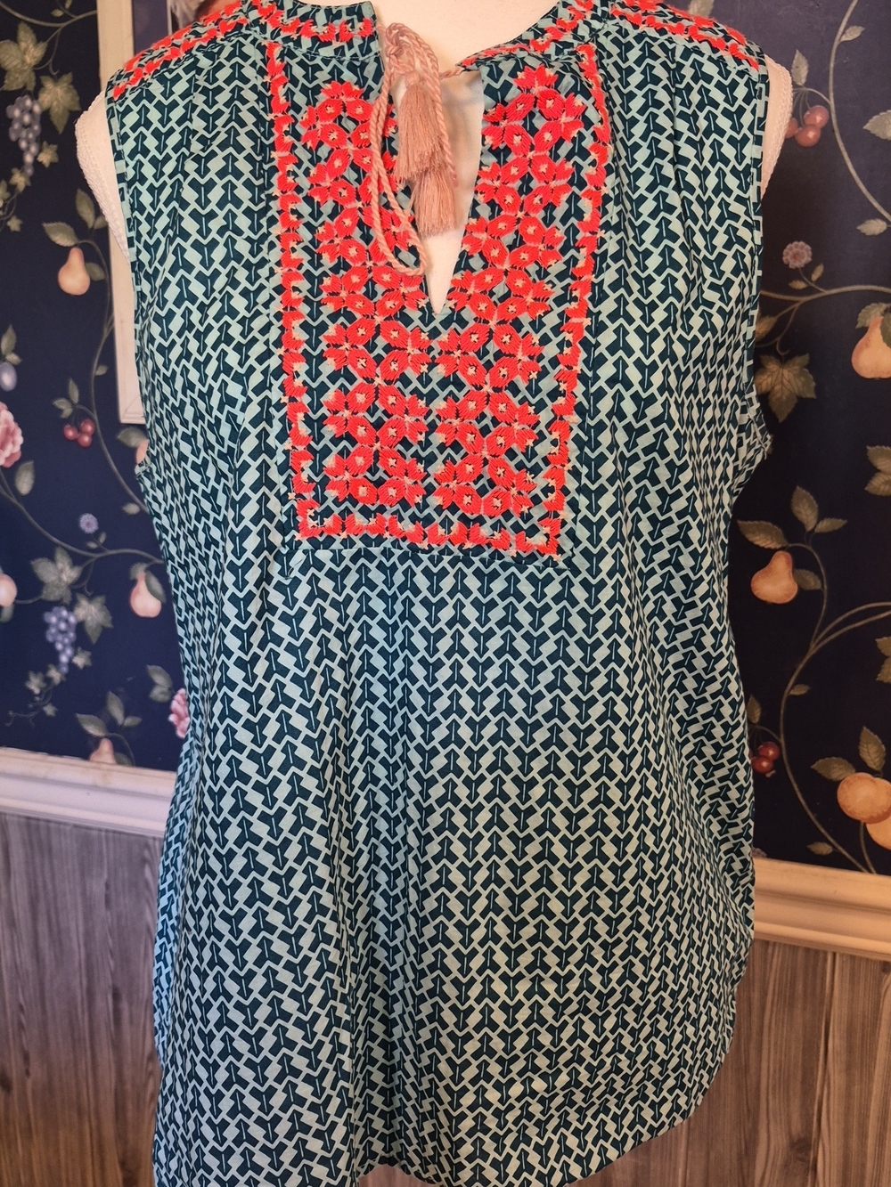 J. Crew Teal and Red Patterned Sleeveless Top